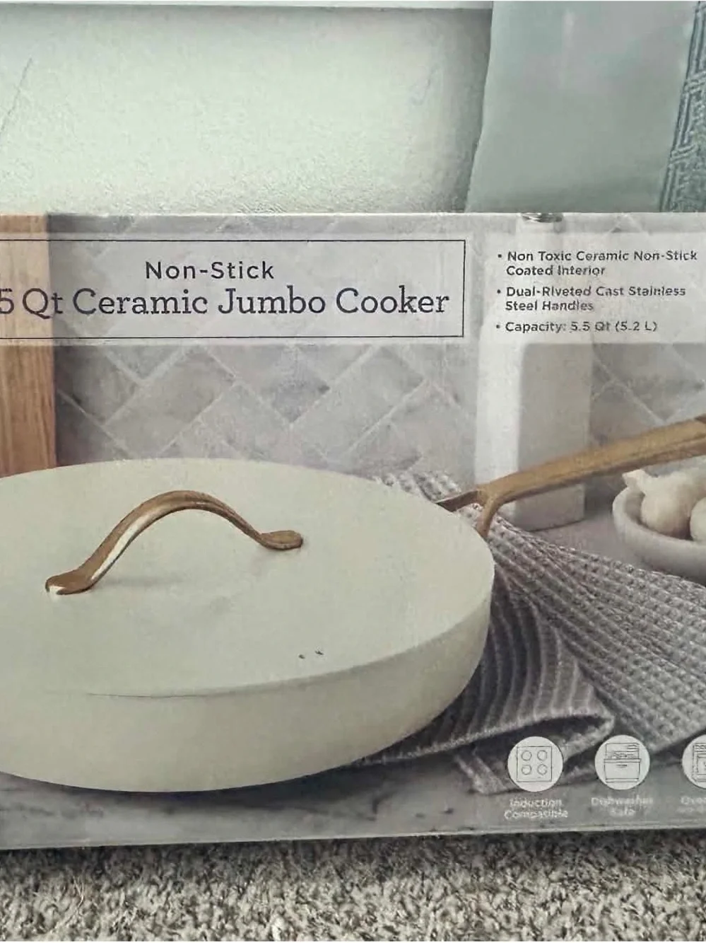 5.5 Qt Ceramic Jumbo Cooker - White with Gold Handle